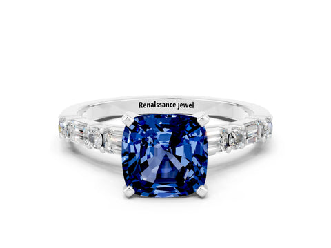White gold Cushion Cut Blue Sapphire Solitaire with Side Baguettes and Channel Set Band