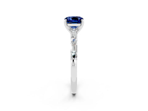 White gold Cushion Cut Blue Sapphire Solitaire with Side Baguettes and Channel Set Band_2