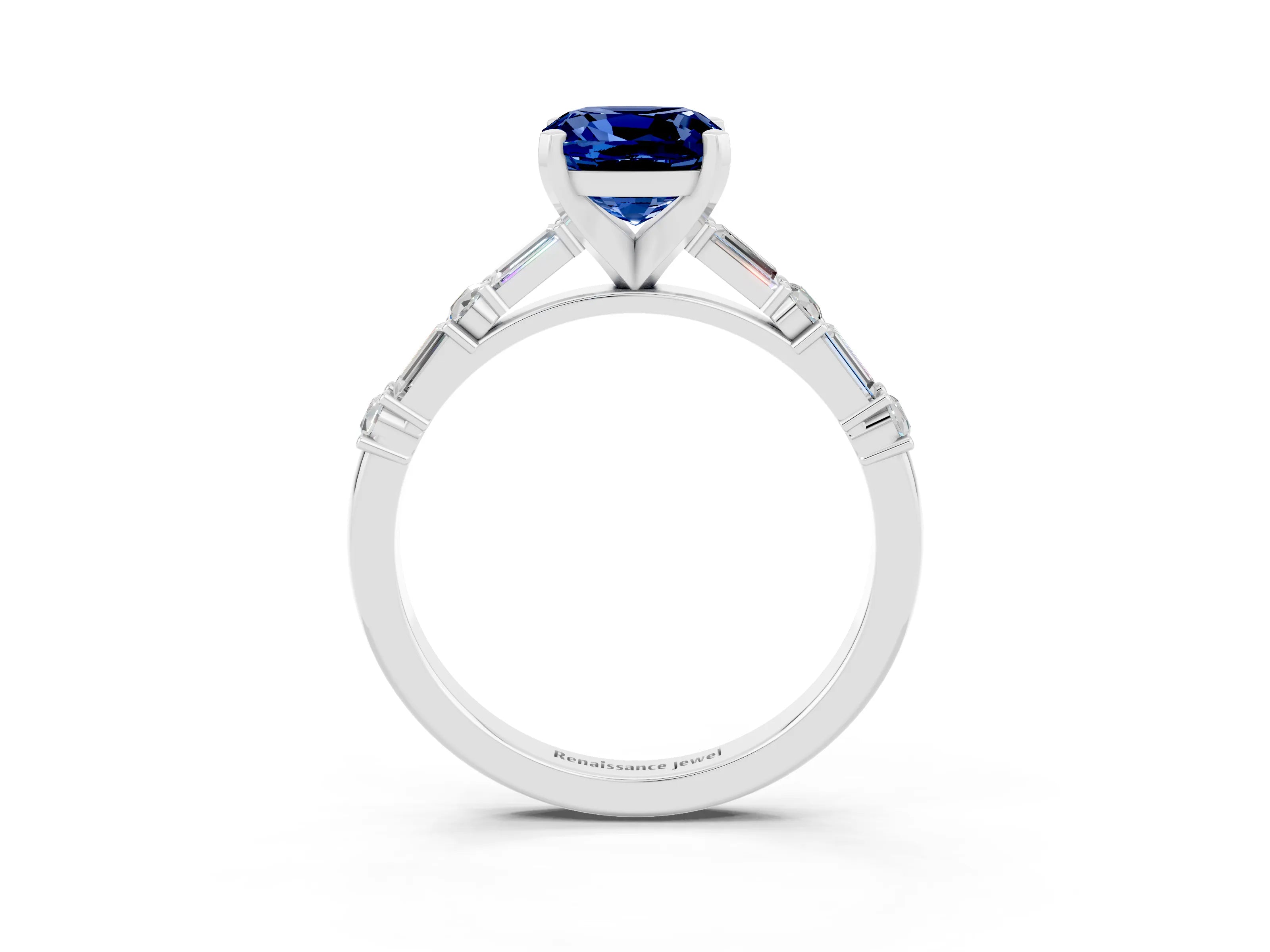 White gold Cushion Cut Blue Sapphire Solitaire with Side Baguettes and Channel Set Band_3