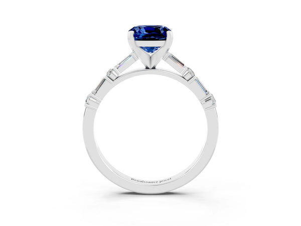 Platinum Cushion Cut Blue Sapphire Solitaire with Side Baguettes and Channel Set Band