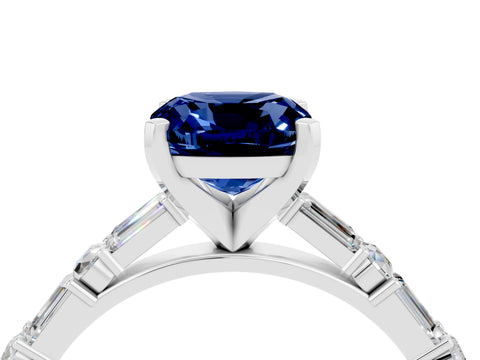 White gold Cushion Cut Blue Sapphire Solitaire with Side Baguettes and Channel Set Band_4