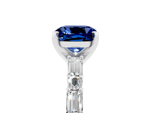 White gold Cushion Cut Blue Sapphire Solitaire with Side Baguettes and Channel Set Band_5