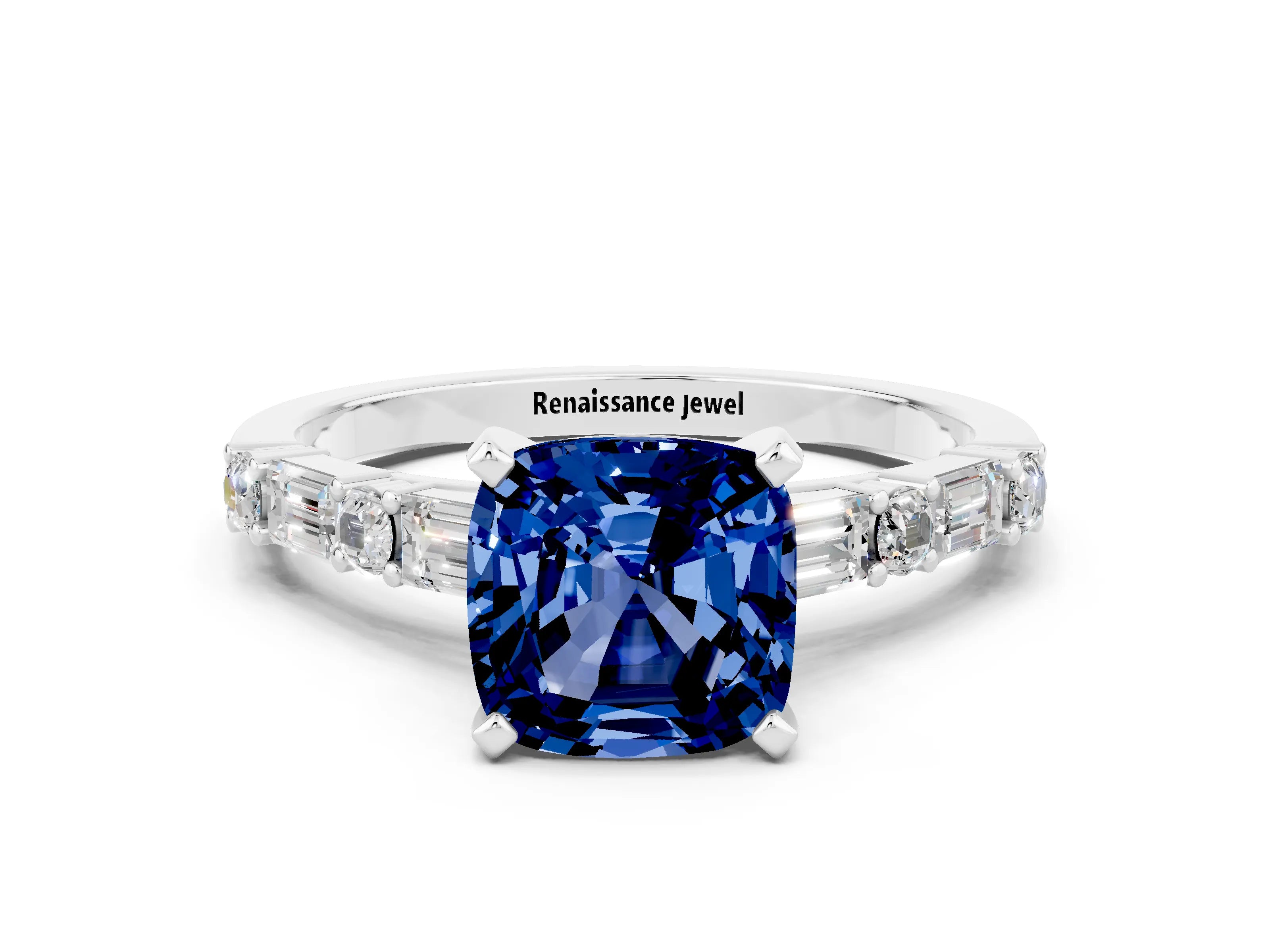 White gold Cushion Cut Blue Sapphire Solitaire with Side Baguettes and Channel Set Band