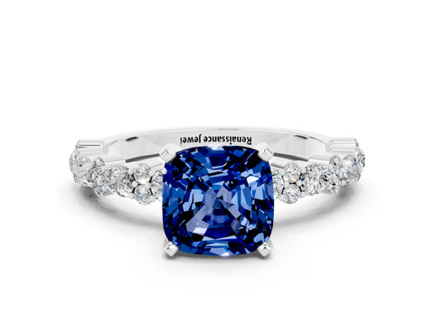 White gold Cushion Cut Blue Sapphire Solitaire with Side Stones, Pave Band, Four-Prong Setting_36