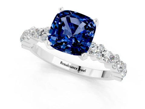 White gold Cushion Cut Blue Sapphire Solitaire with Side Stones, Pave Band, Four-Prong Setting_37