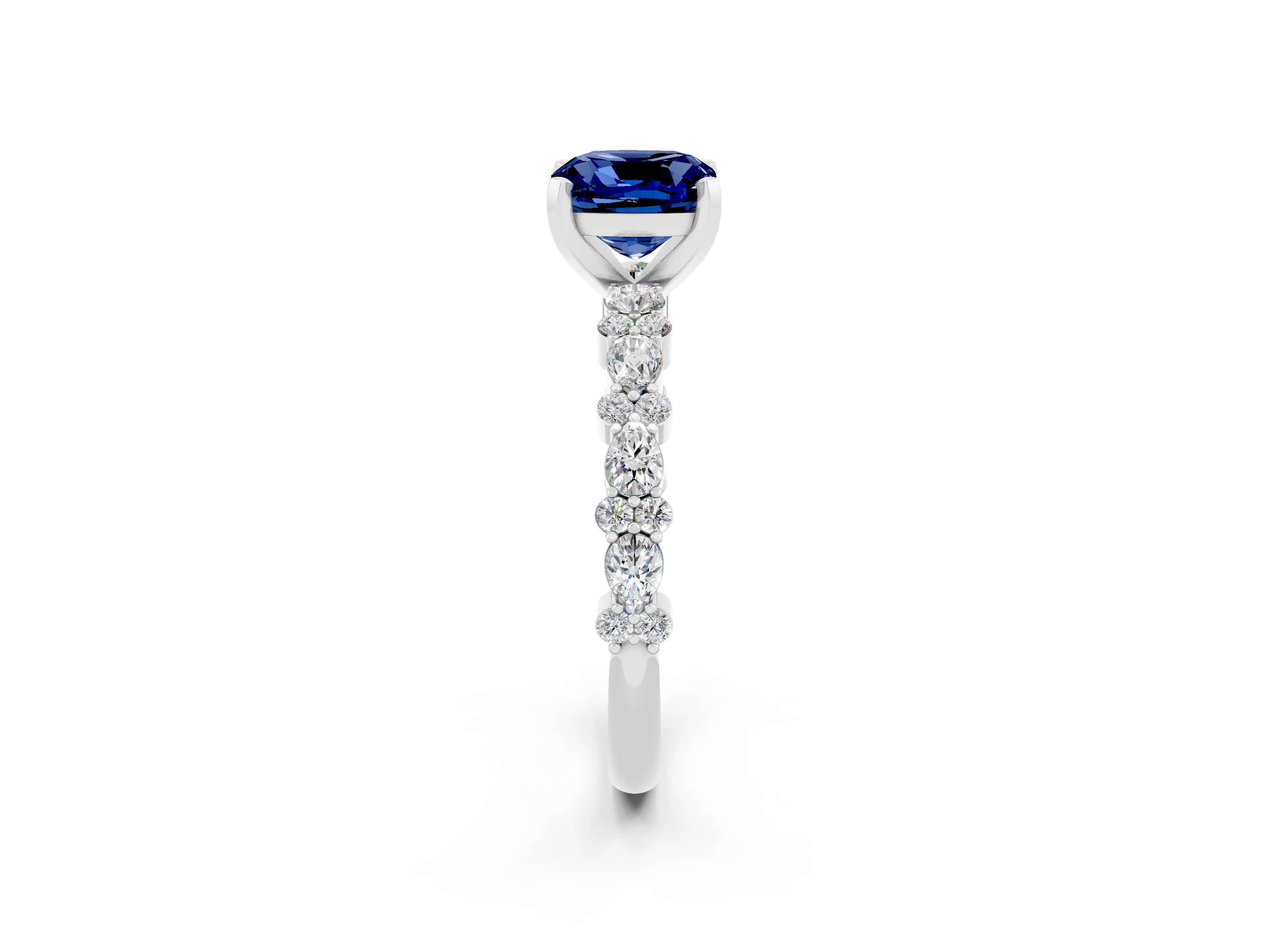 White gold Cushion Cut Blue Sapphire Solitaire with Side Stones, Pave Band, Four-Prong Setting_38