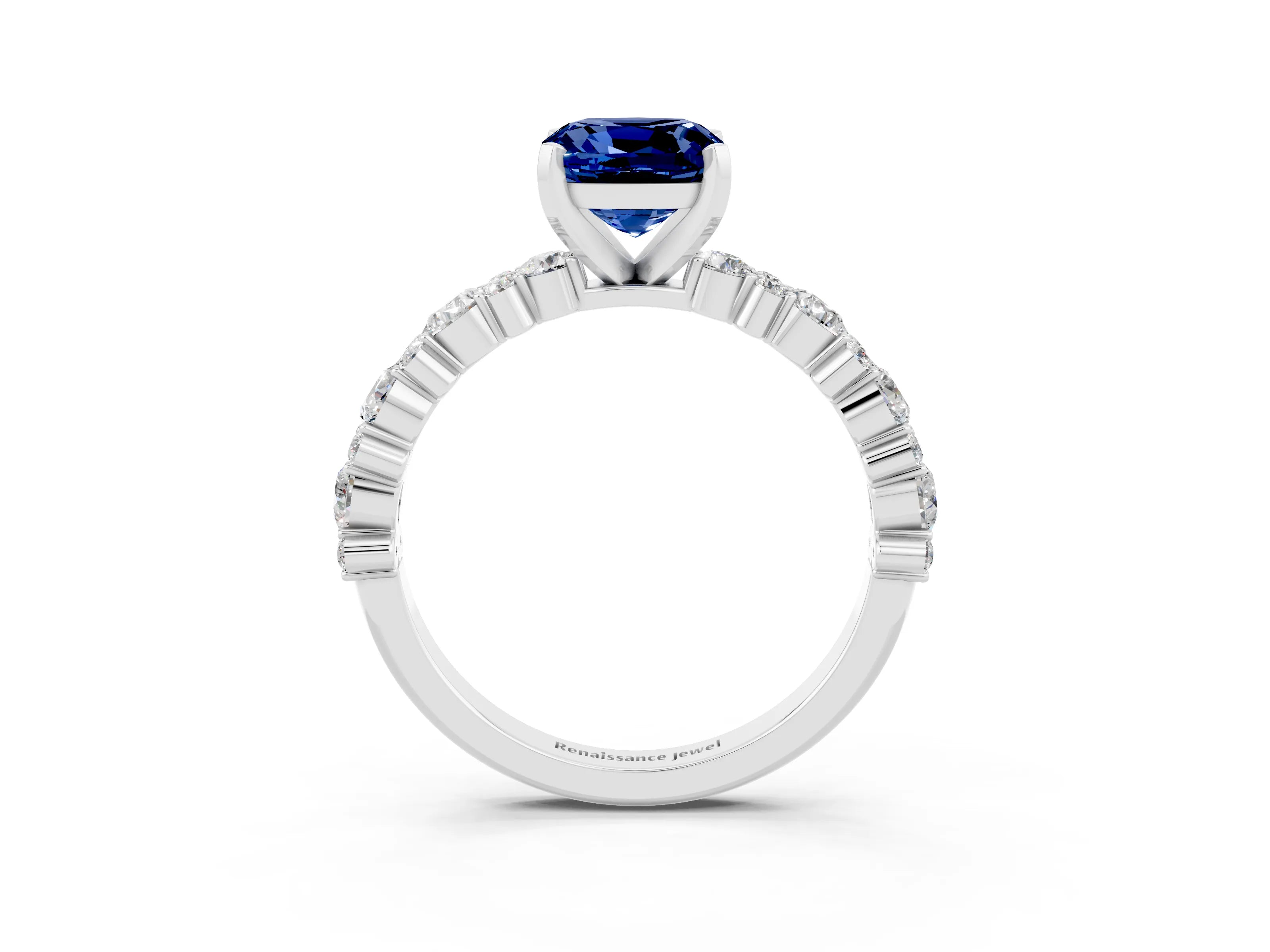 White gold Cushion Cut Blue Sapphire Solitaire with Side Stones, Pave Band, Four-Prong Setting_39