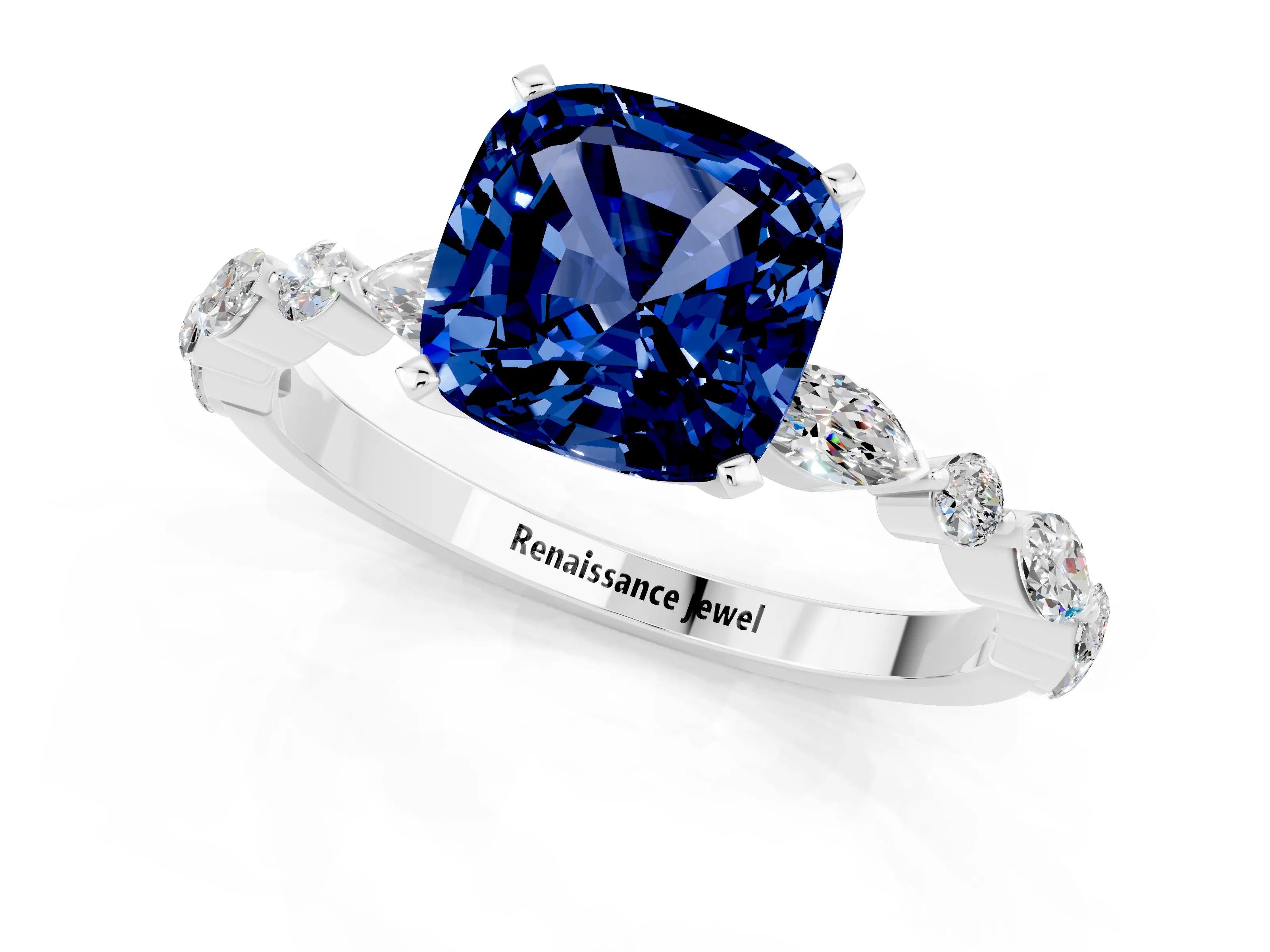 White gold Cushion Cut Blue Sapphire Solitaire with Side Stones on a Pavé Band and Four-Prong Setting_1