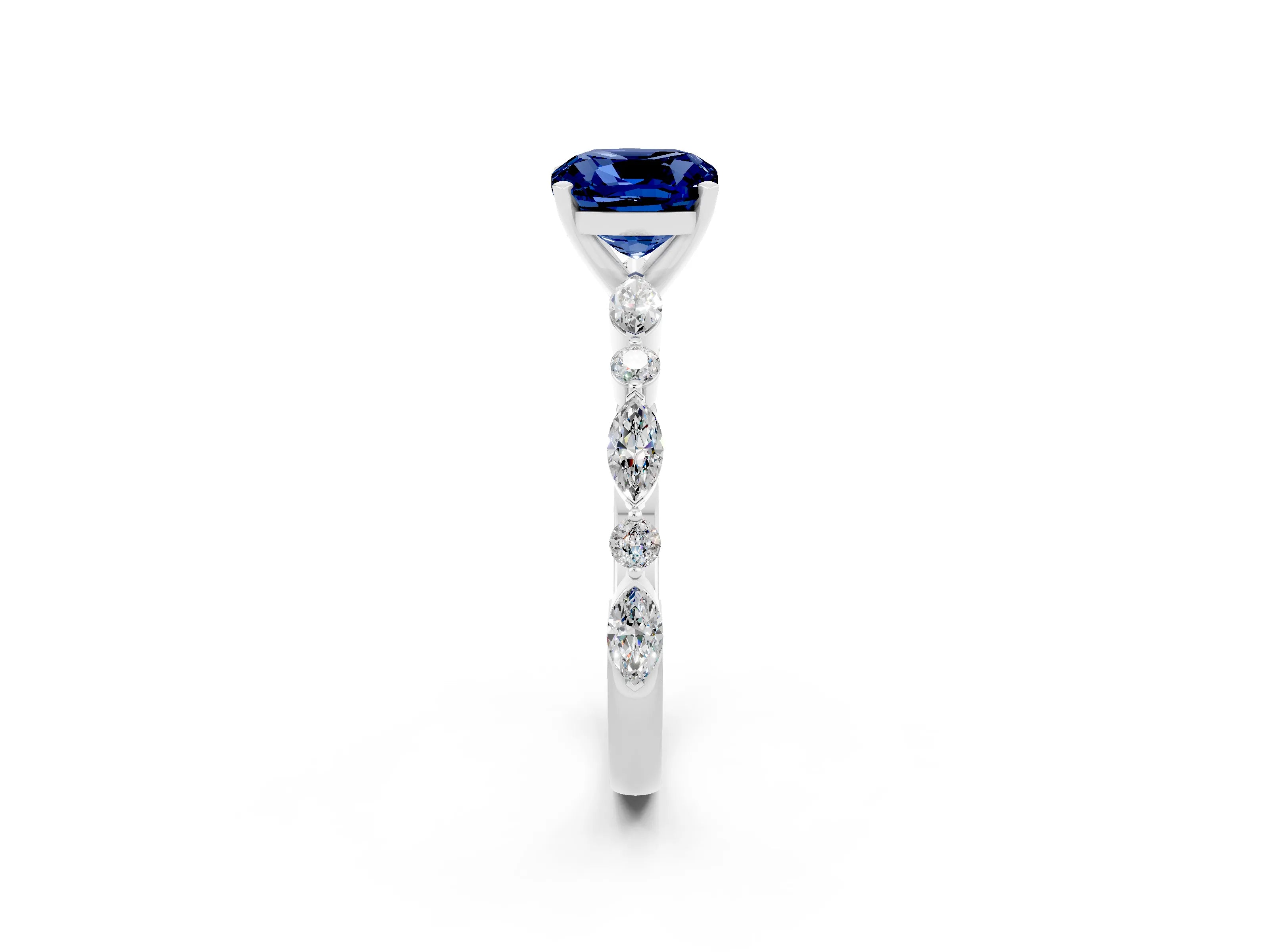 White gold Cushion Cut Blue Sapphire Solitaire with Side Stones on a Pavé Band and Four-Prong Setting_2