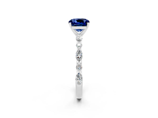 White gold Cushion Cut Blue Sapphire Ring with Marquise and Round  Side Stones and Four-Prong Setting