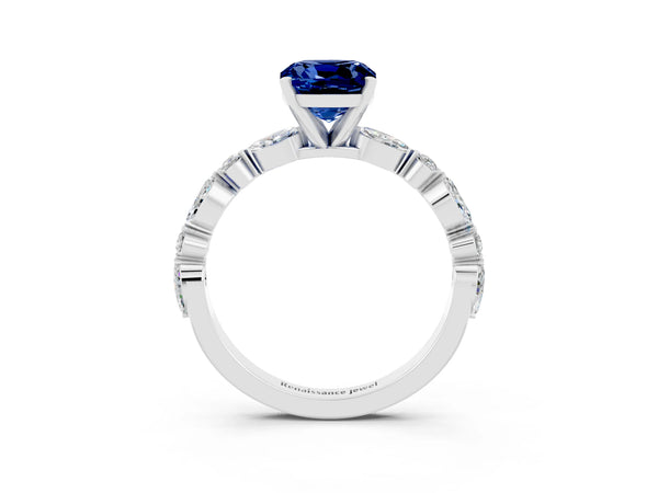 Platinum Cushion Cut Blue Sapphire Ring with Marquise and Round  Side Stones and Four-Prong Setting