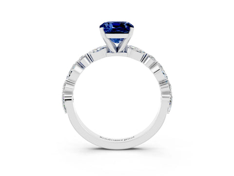 White gold Cushion Cut Blue Sapphire Solitaire with Side Stones on a Pavé Band and Four-Prong Setting_3