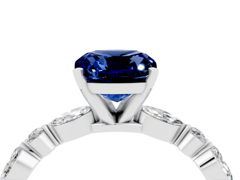 White gold Cushion Cut Blue Sapphire Solitaire with Side Stones on a Pavé Band and Four-Prong Setting_4