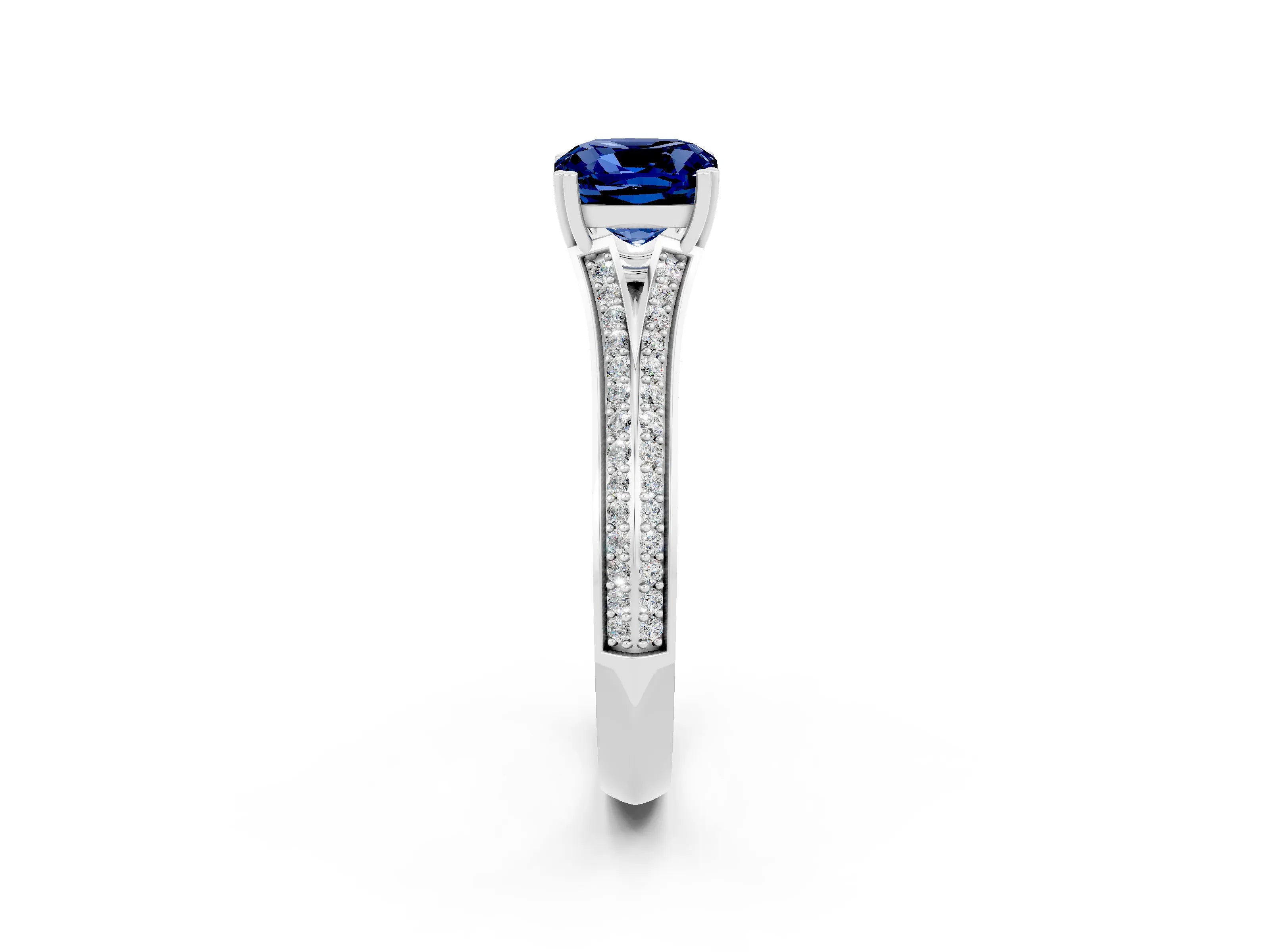 White gold Cushion Cut Blue Sapphire Split Shank Engagement Ring with Pavé Band_2
