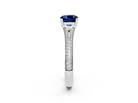 White gold Cushion Cut Blue Sapphire Split Shank Engagement Ring with Pavé Band_2