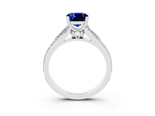 Platinum Cushion Cut Blue Sapphire Split Shank Engagement Ring with Pavé Band