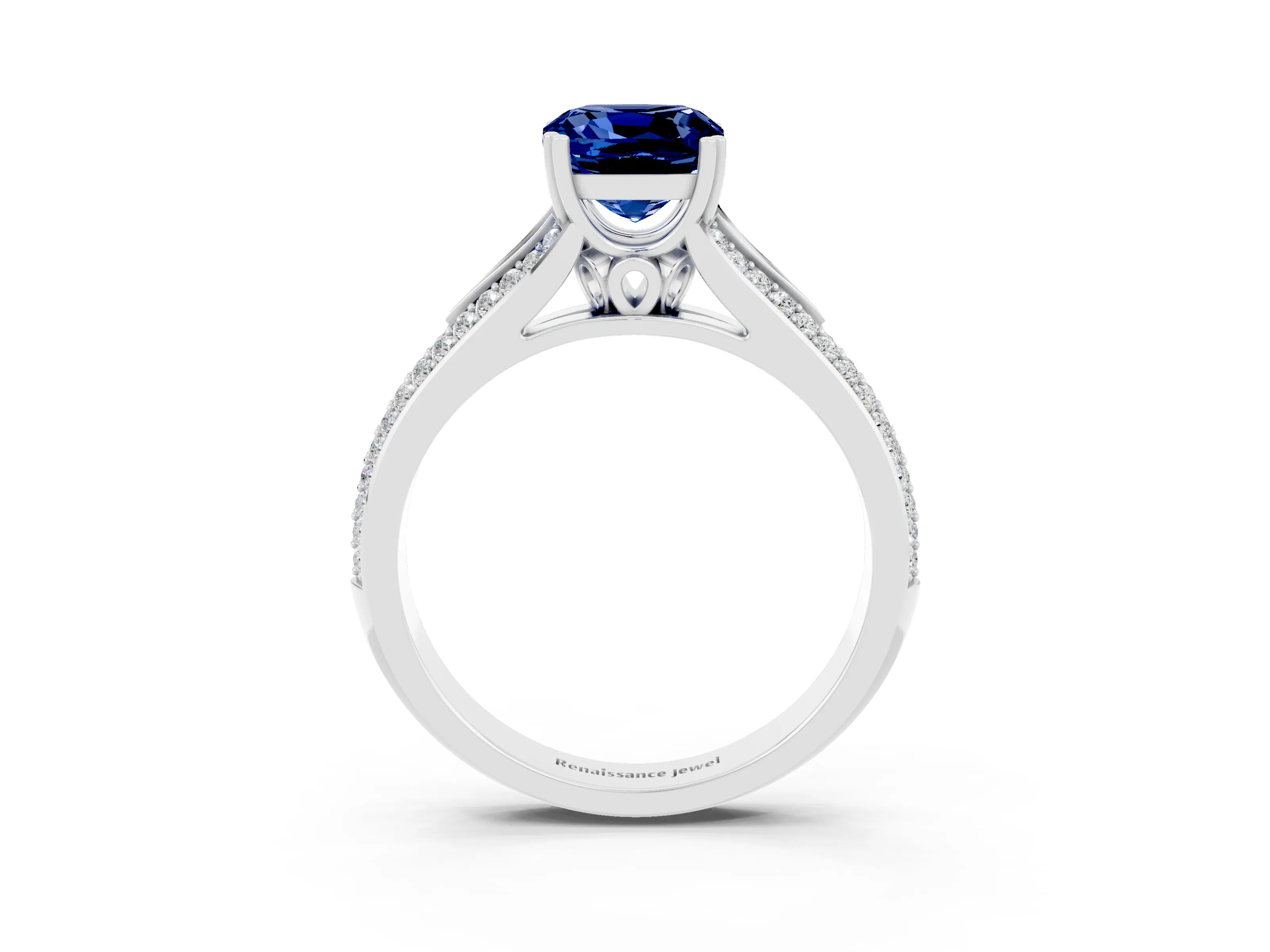 White gold Cushion Cut Blue Sapphire Split Shank Engagement Ring with Pavé Band_3