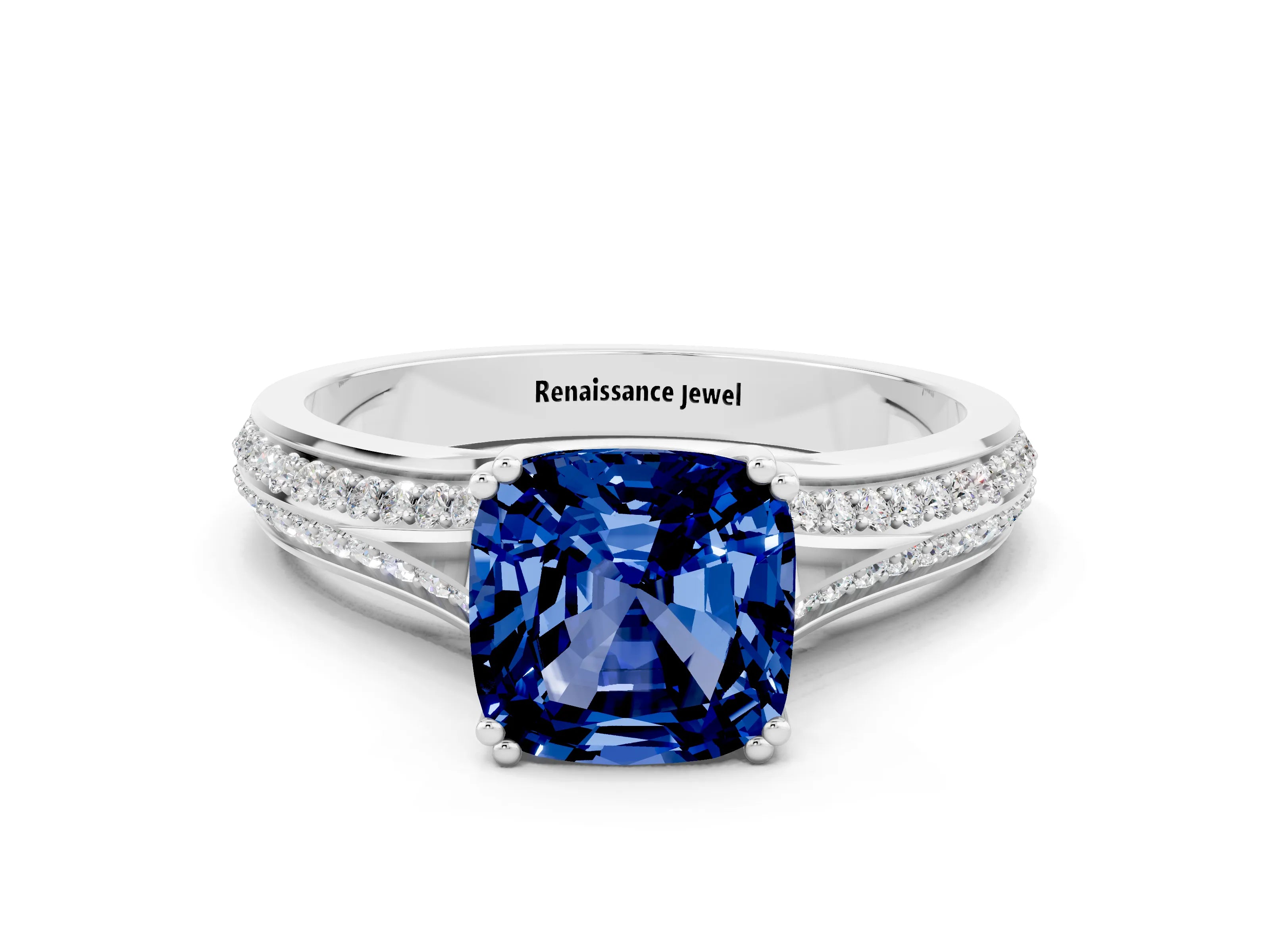 White gold Cushion Cut Blue Sapphire Split Shank Engagement Ring with Pavé Band