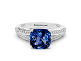 White gold Cushion Cut Blue Sapphire Split Shank Engagement Ring with Pavé Band