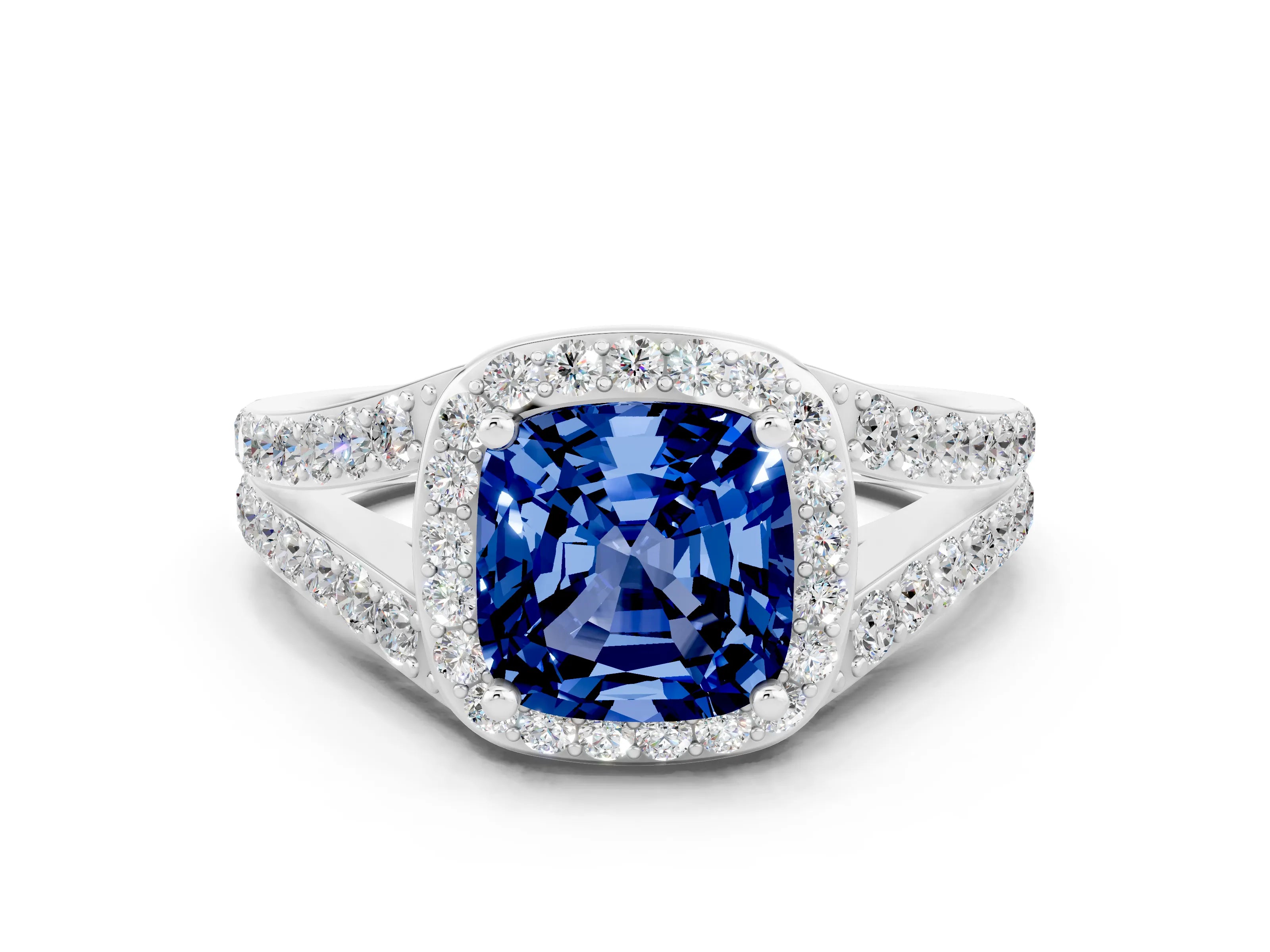 White gold Cushion Cut Blue Sapphire Split Shank Halo Ring with Four-Prong Setting_12