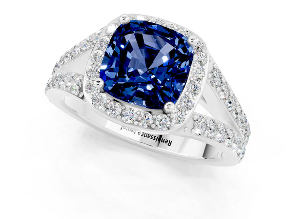 Platinum Cushion Cut Blue Sapphire Split Shank Halo Ring with Four-Prong Setting