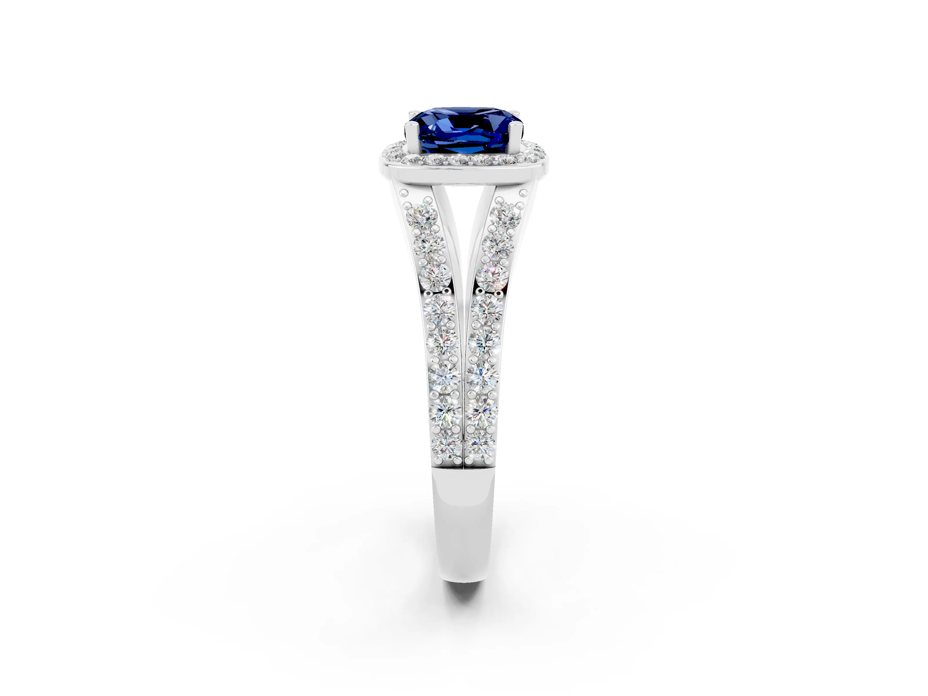 White gold Cushion Cut Blue Sapphire Split Shank Halo Ring with Four-Prong Setting_14