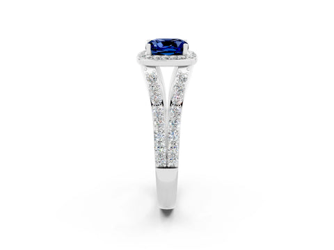 White gold Cushion Cut Blue Sapphire Split Shank Halo Ring with Four-Prong Setting_14