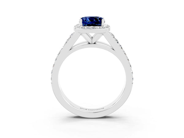 Platinum Cushion Cut Blue Sapphire Split Shank Halo Ring with Four-Prong Setting