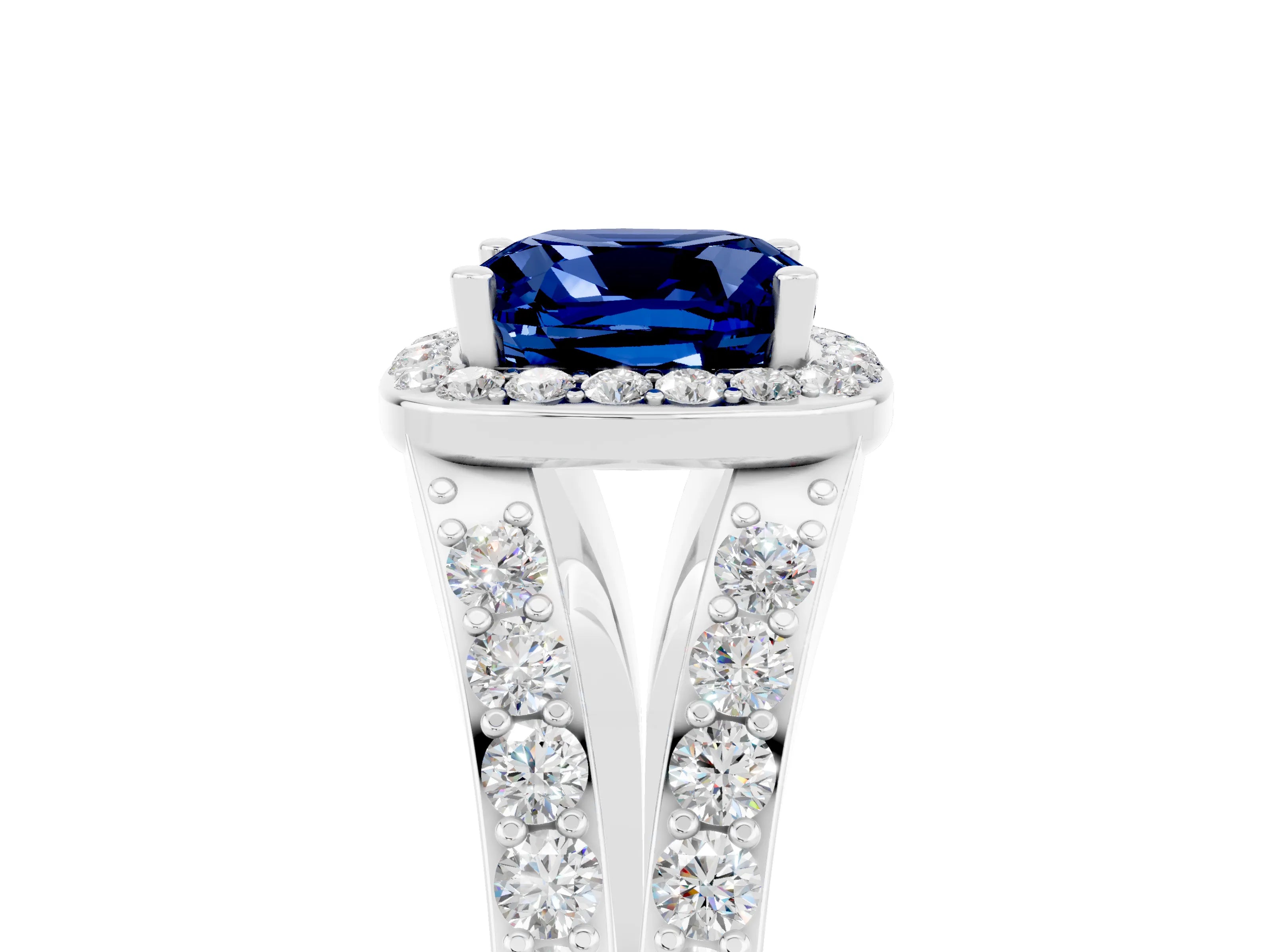 White gold Cushion Cut Blue Sapphire Split Shank Halo Ring with Four-Prong Setting_17