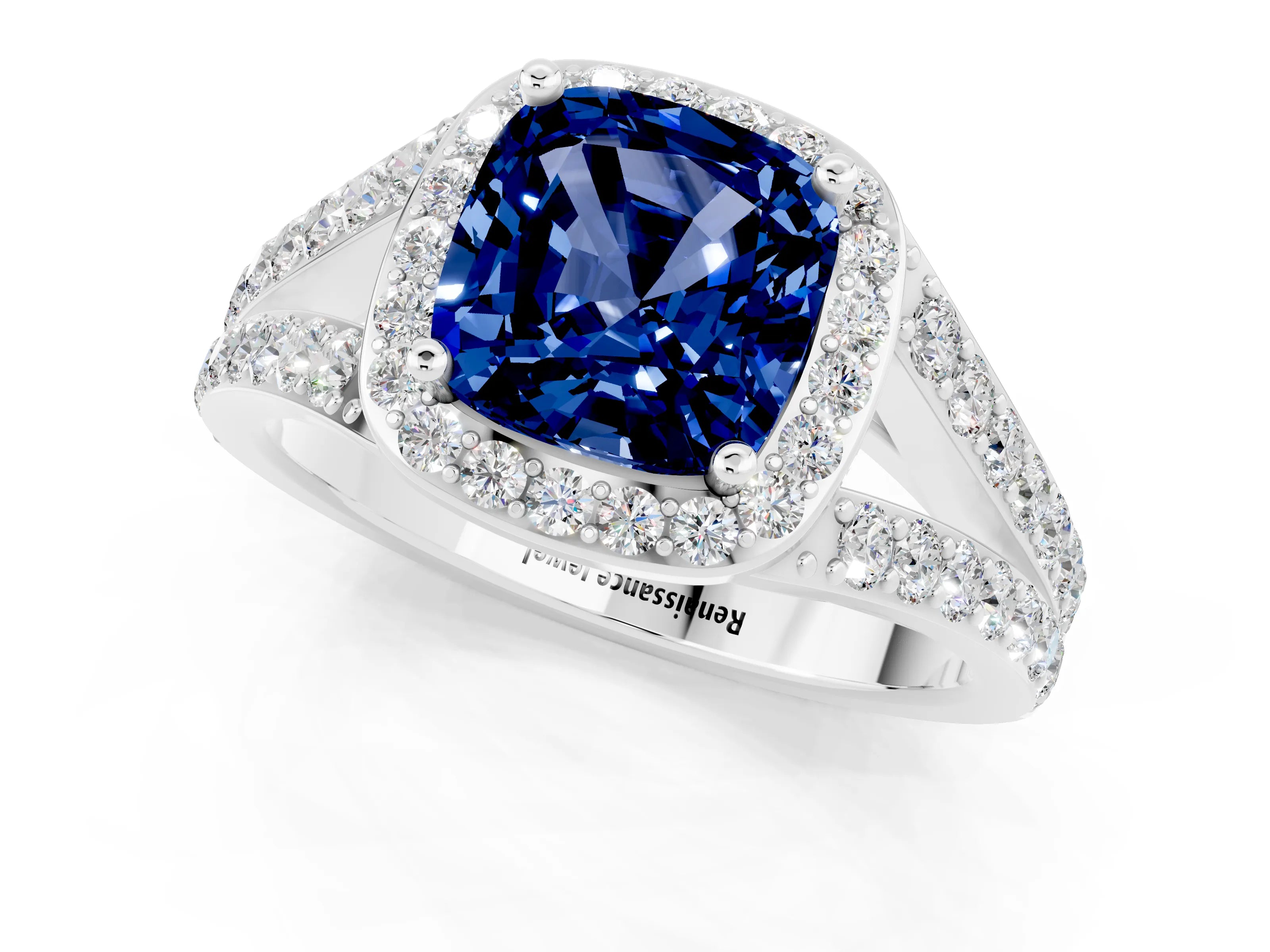 White gold Cushion Cut Blue Sapphire Split Shank Halo Ring with Four-Prong Setting_25