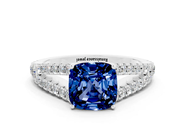 Silver Cushion Cut Blue Sapphire Split Shank Pavé Engagement Ring with Four-Prong Setting