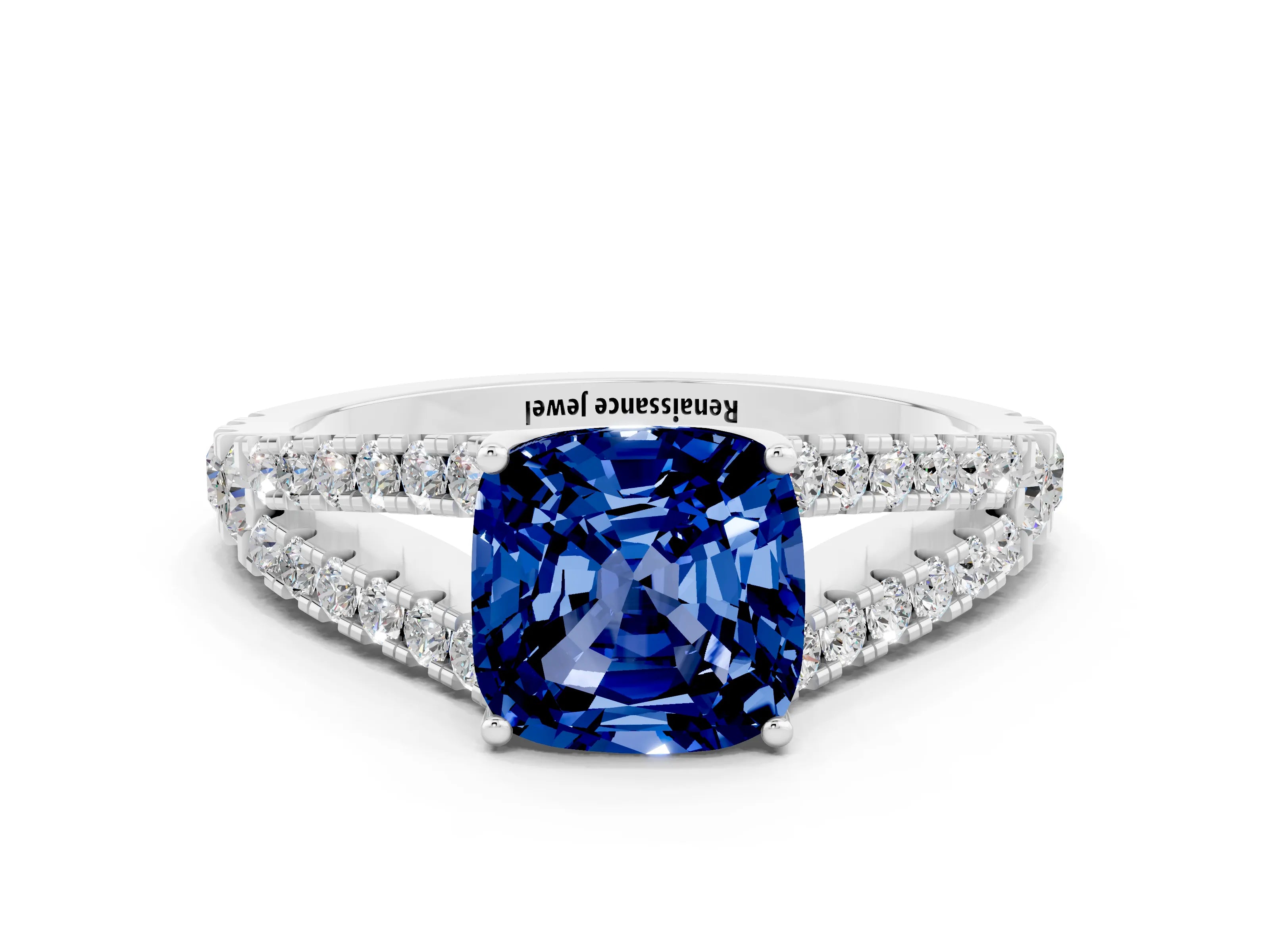 White gold Cushion Cut Blue Sapphire Split Shank Pavé Engagement Ring with Four-Prong Setting_12