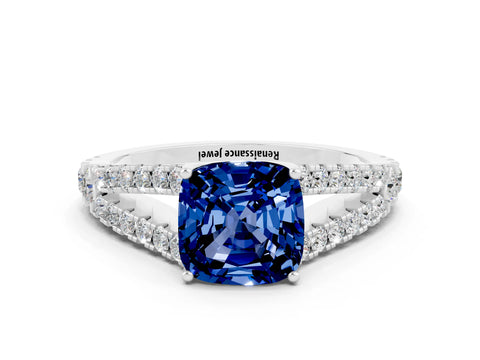 White gold Cushion Cut Blue Sapphire Split Shank Pavé Engagement Ring with Four-Prong Setting_12