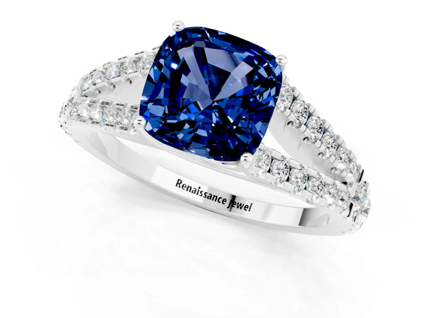 Platinum Cushion Cut Blue Sapphire Split Shank Pavé Engagement Ring with Four-Prong Setting