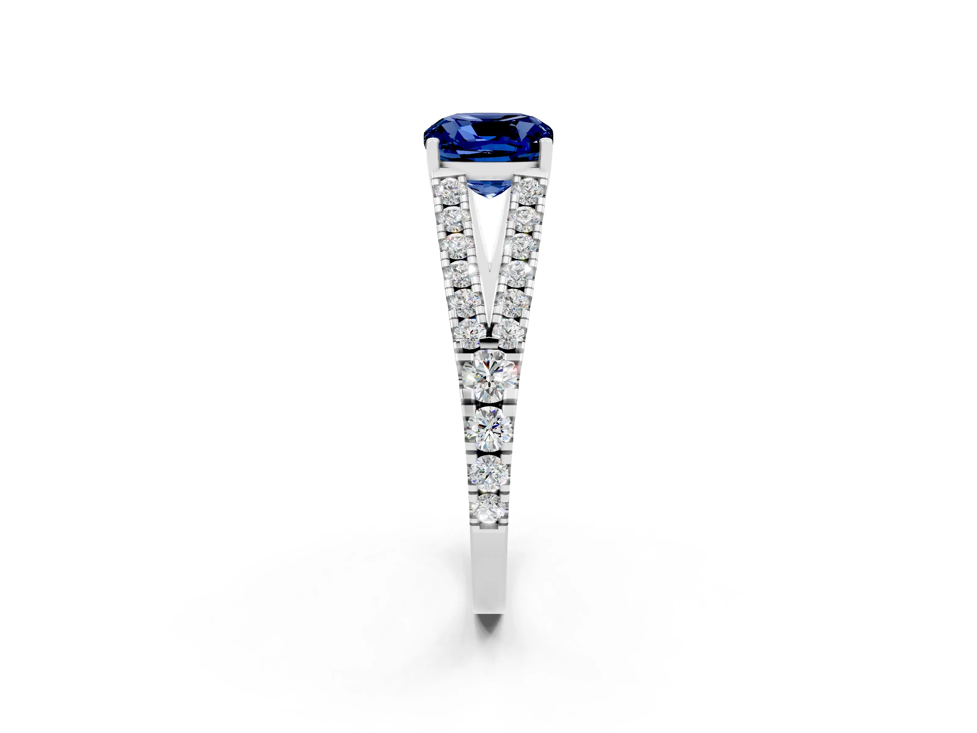 White gold Cushion Cut Blue Sapphire Split Shank Pavé Engagement Ring with Four-Prong Setting_14