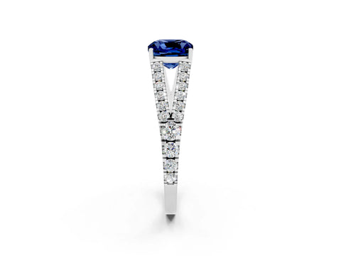 White gold Cushion Cut Blue Sapphire Split Shank Pavé Engagement Ring with Four-Prong Setting_14