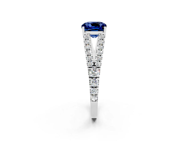 White gold Cushion Cut Blue Sapphire Split Shank Pavé Engagement Ring with Four-Prong Setting