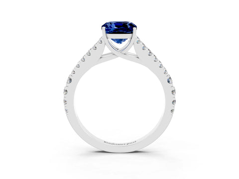 White gold Cushion Cut Blue Sapphire Split Shank Pavé Engagement Ring with Four-Prong Setting_15