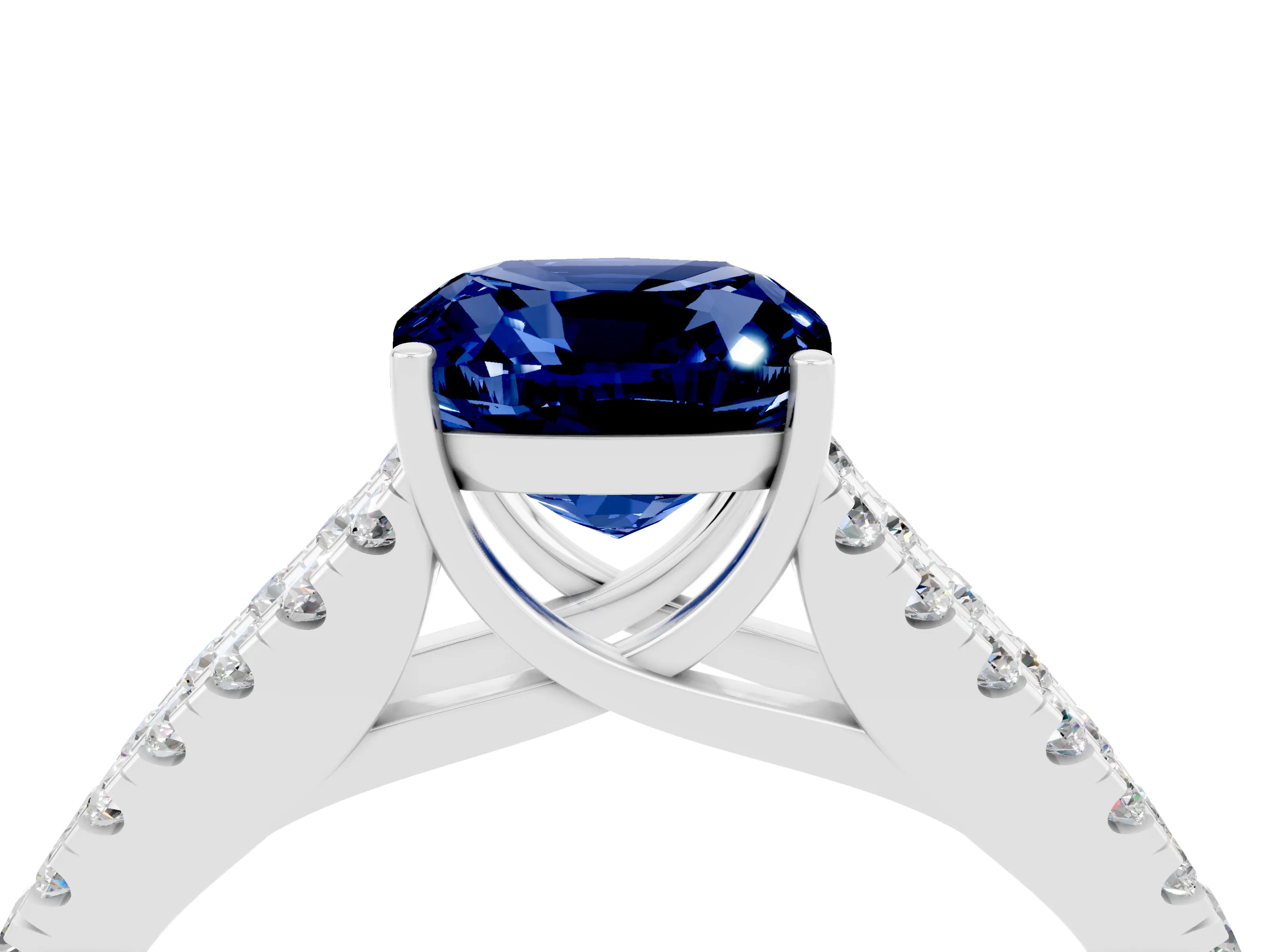 White gold Cushion Cut Blue Sapphire Split Shank Pavé Engagement Ring with Four-Prong Setting_16