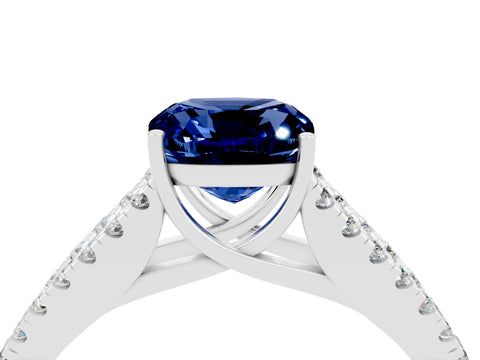 White gold Cushion Cut Blue Sapphire Split Shank Pavé Engagement Ring with Four-Prong Setting_16