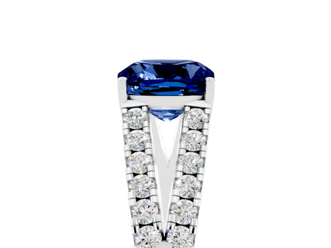 White gold Cushion Cut Blue Sapphire Split Shank Pavé Engagement Ring with Four-Prong Setting_17