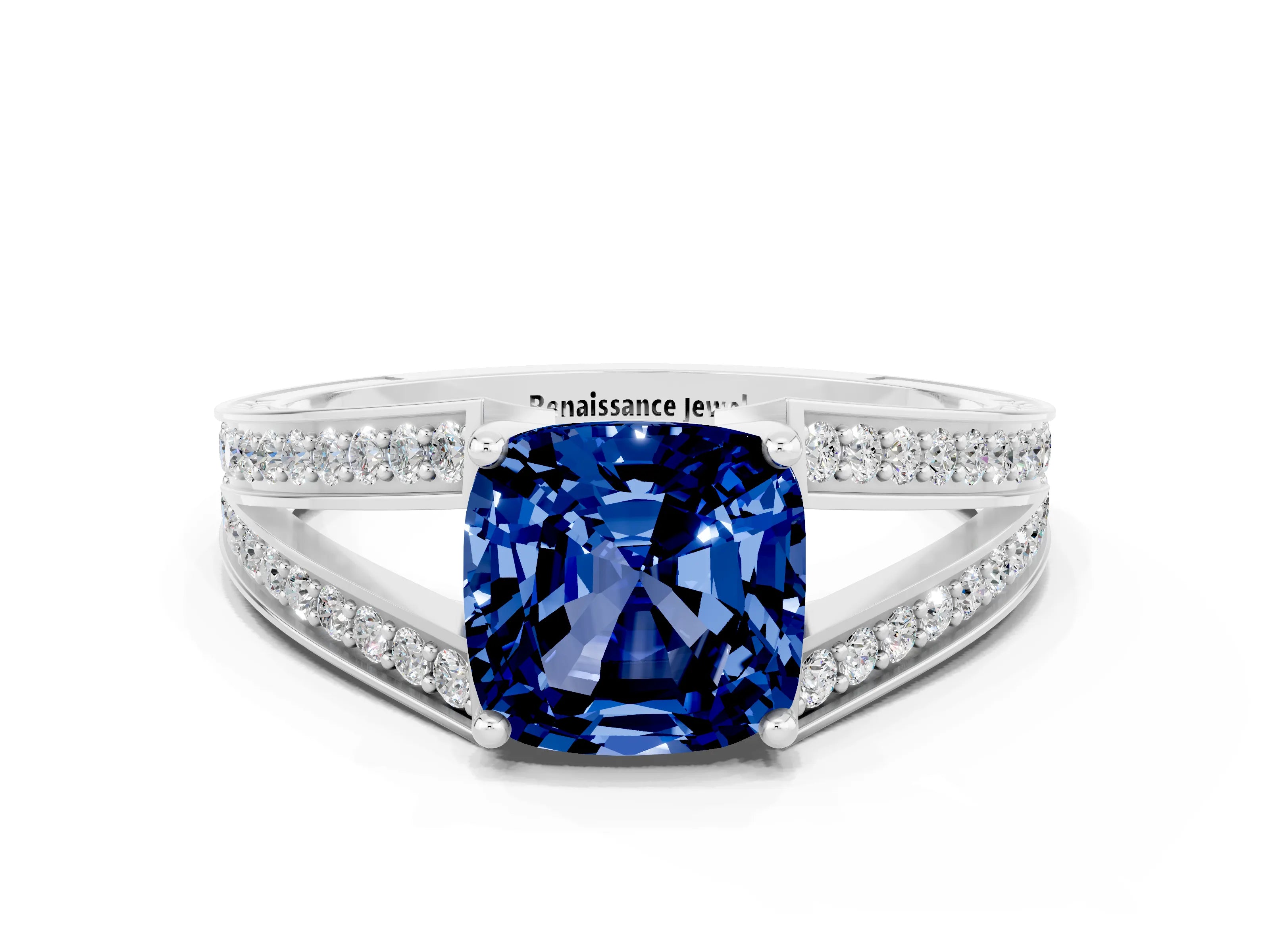 White gold Cushion Cut Blue Sapphire Split Shank Ring with Pavé Band and Four-Prong Setting_19