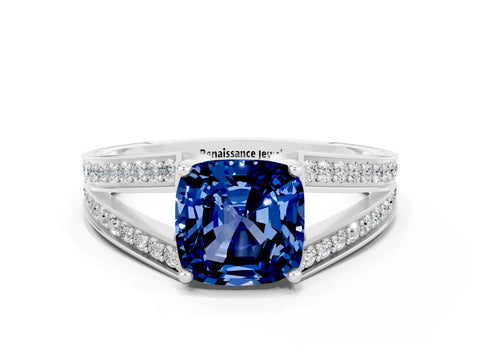 White gold Cushion Cut Blue Sapphire Split Shank Ring with Pavé Band and Four-Prong Setting_19