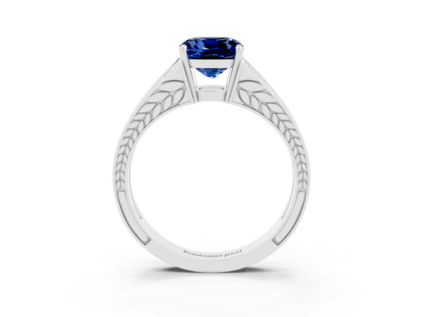 White gold Cushion Cut Blue Sapphire Split Shank Ring with Pavé Band and Four-Prong Setting