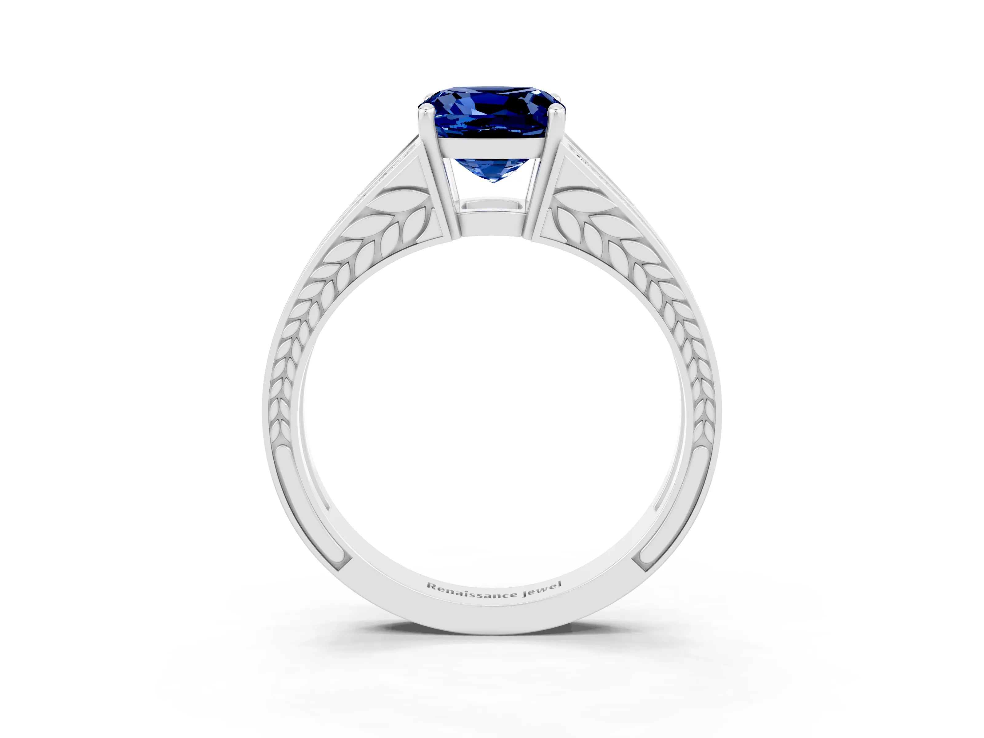 White gold Cushion Cut Blue Sapphire Split Shank Ring with Pavé Band and Four-Prong Setting_22