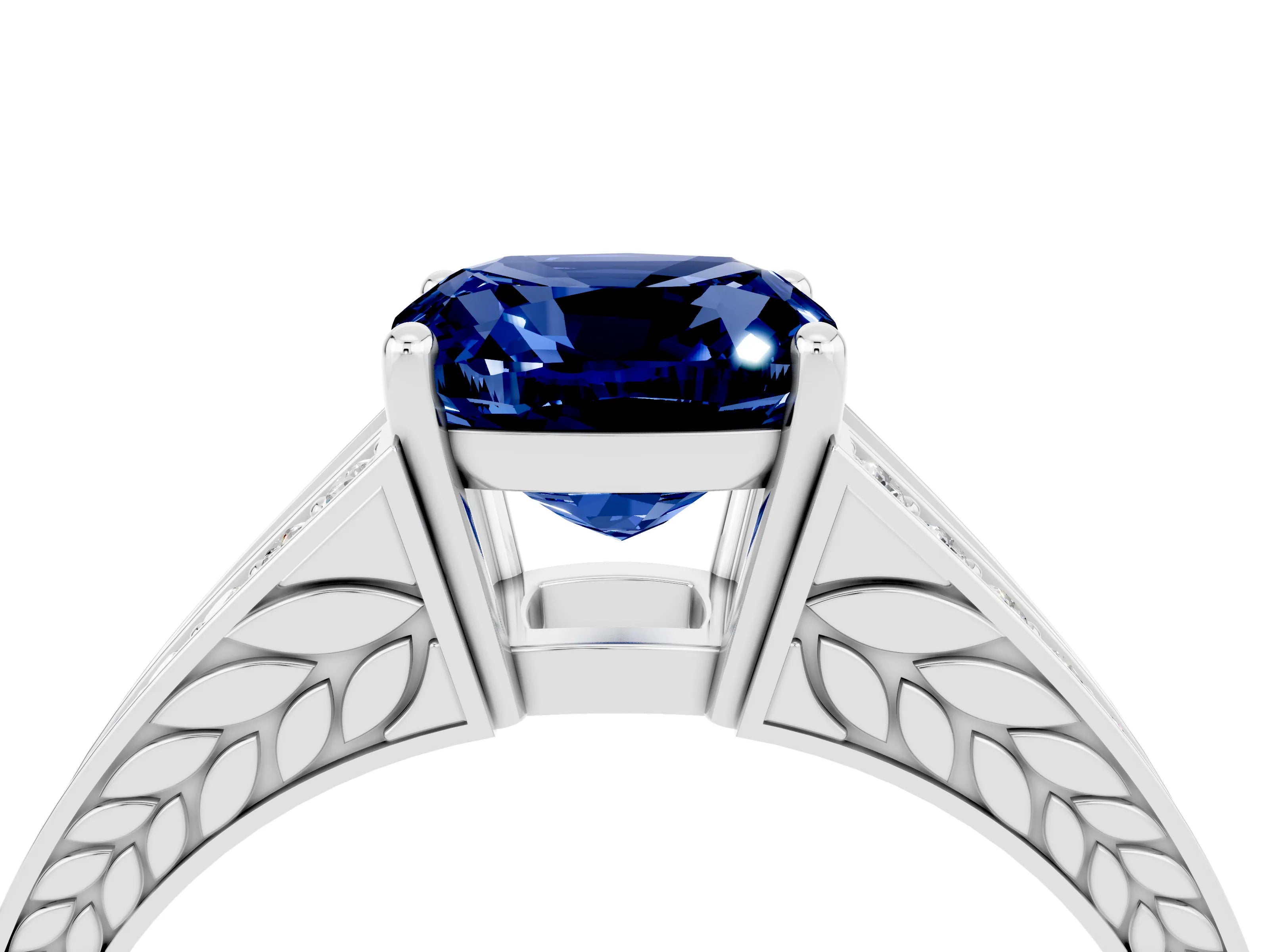 White gold Cushion Cut Blue Sapphire Split Shank Ring with Pavé Band and Four-Prong Setting_23