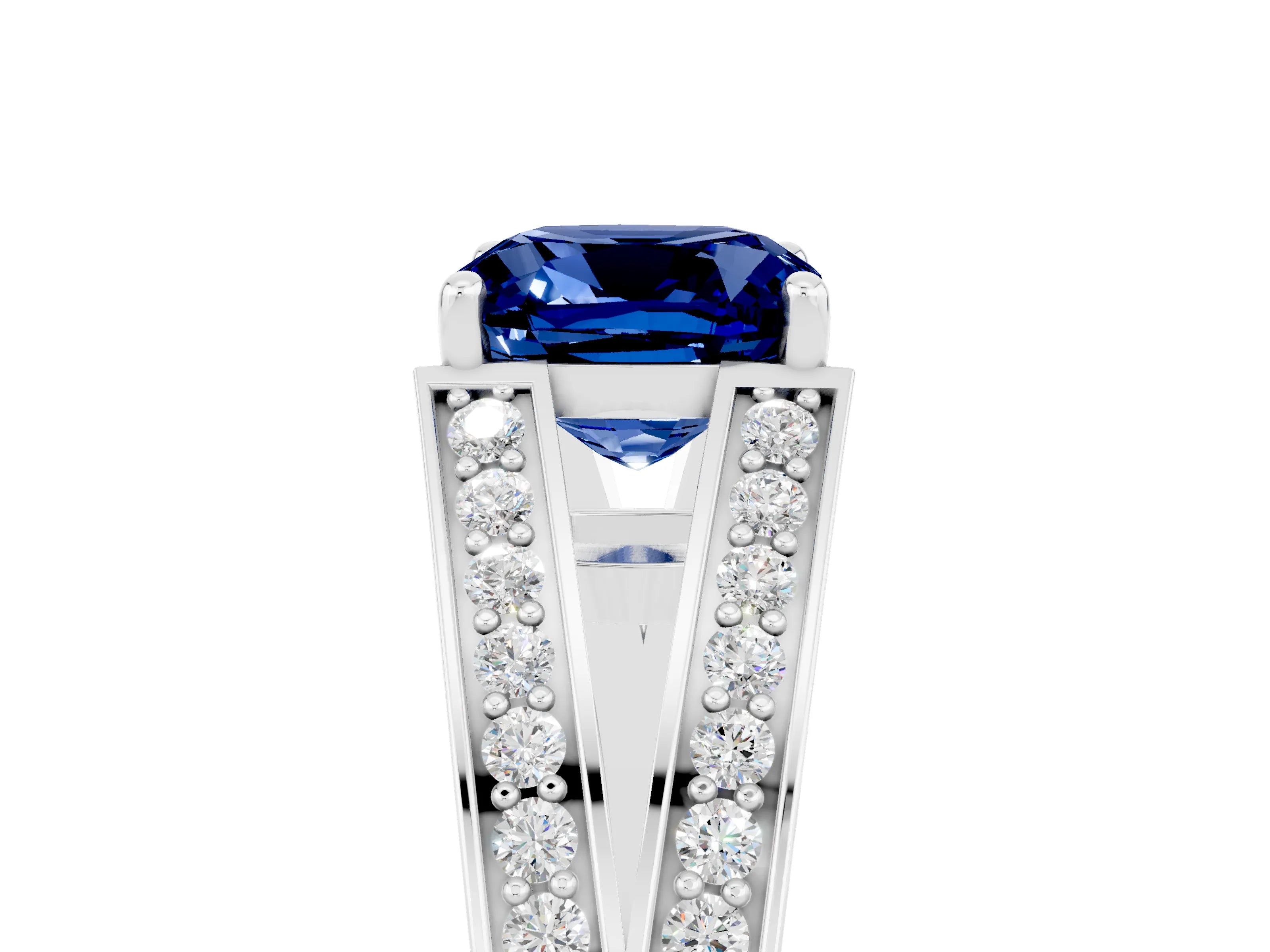 White gold Cushion Cut Blue Sapphire Split Shank Ring with Pavé Band and Four-Prong Setting_23
