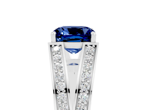 White gold Cushion Cut Blue Sapphire Split Shank Ring with Pavé Band and Four-Prong Setting_23