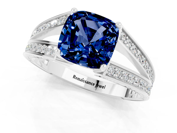 Platinum Cushion Cut Blue Sapphire Split Shank Ring with Pavé Band and Four-Prong Setting