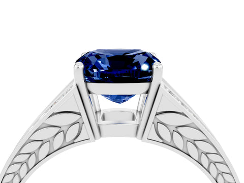 White gold Cushion Cut Blue Sapphire Split Shank Ring with Pavé Band and Four-Prong Setting_28
